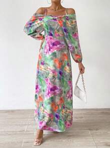 Chiquease Nhuộm buộc Vai lạnh Đầm - màu xanh lá - Xem 5