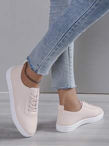 女性休閒平底滑板鞋帶防滑鞋底 - 粉色 - 查看 4