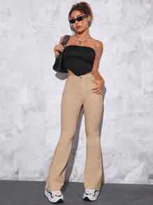 女式休闲百搭纯色修身喇叭牛仔裤 - 卡其色 - 查看 7