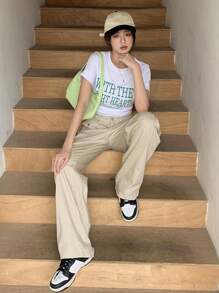 DAZY Solid Flap Pocket Side Cargo Pants - Beige - View 4