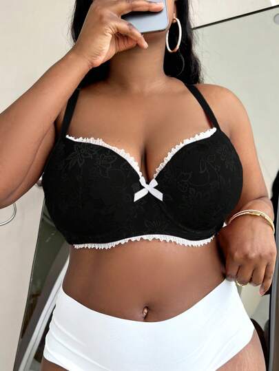 Fantasy Elegant Black Plus Size Bra With Contrast Lace And Bow Detail Medium Stretch Fabric Plain Pattern Lingerie For Women