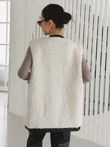 DAZY Tương phản ràng buộc Nút phía trước Teddy Áo vest - trắng - Xem 2