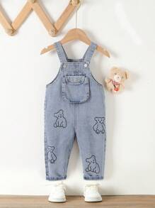 女嬰小熊印花翻蓋口袋牛仔背帶褲 - 淺色水洗藍 - 查看 1