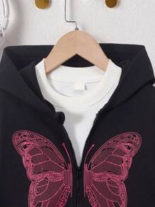 SHEIN Tween Girl 1pc Butterfly Print Zip Up Hooded Sweatshirt - Black - View 7