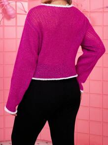 SHEIN Unity Plus Contrast Trim Drop Shoulder Sweater Knit Pullover Fall Winter Sweater - Hot Pink - View 3