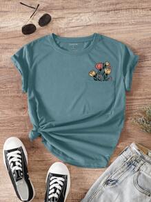 INAWLY Floral Print Pocket Patched Tee - Dusty Blue - View 1