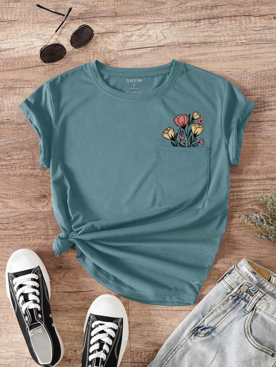 INAWLY Floral Print Pocket Patched Tee - Dusty Blue - View 1