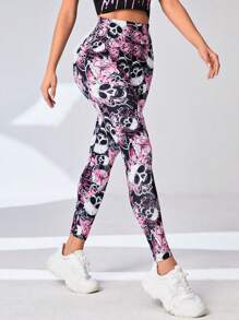 SHEIN Unity 花卉与骷髅印花宽腰运动紧身裤瑜伽女裤 - 彩色 - 查看 4