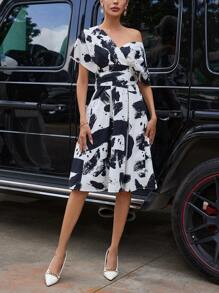 SHEIN Privé Brush Print Asymmetrical Neck Dress
