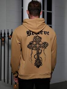 Manfinity LEGND Men Plus Letter Cross Graphic Drawstring Hoodie - Khaki - View 3