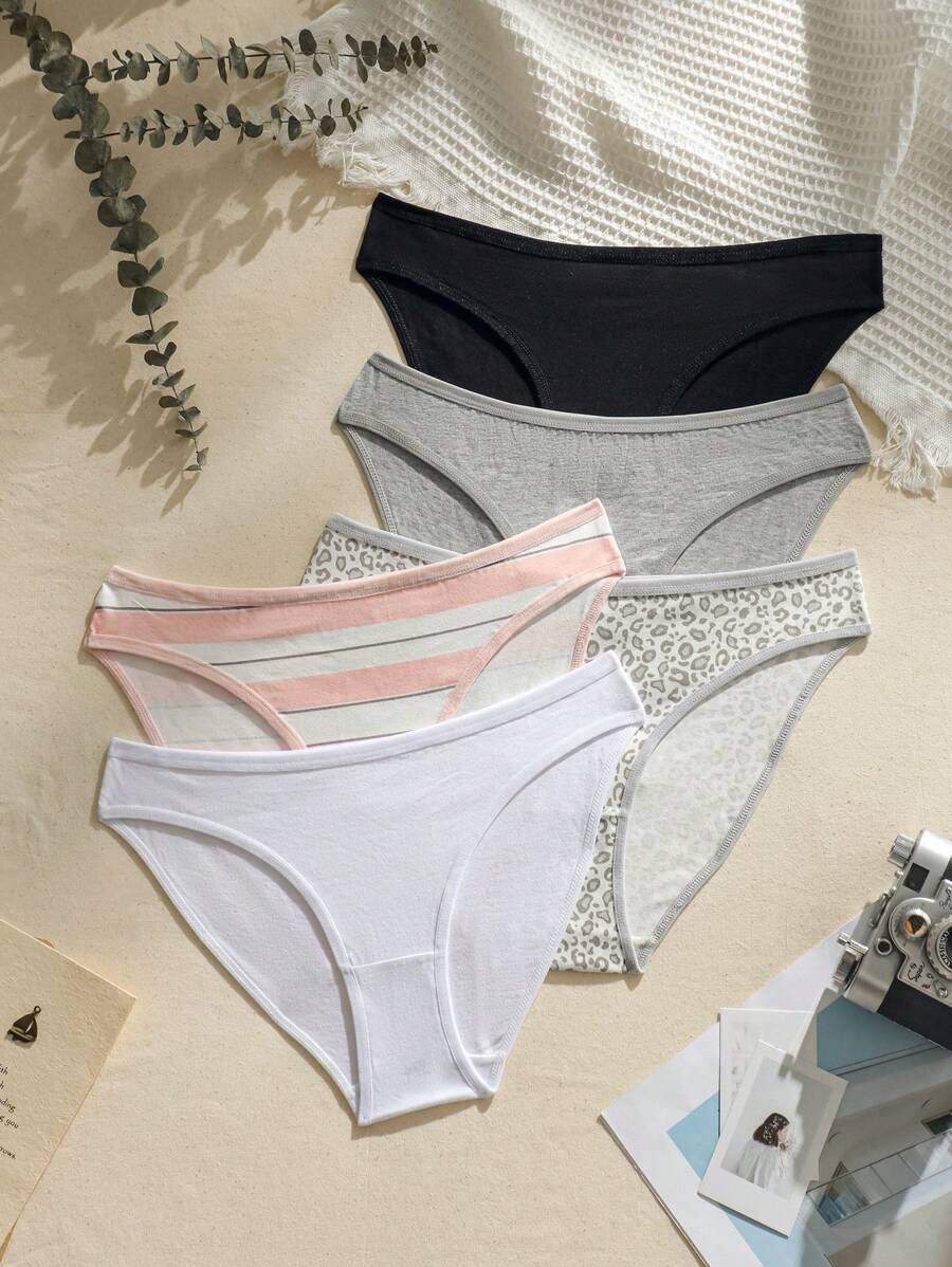 5pack Leopard Print Contrast Binding Brief - Multicolor - View 1