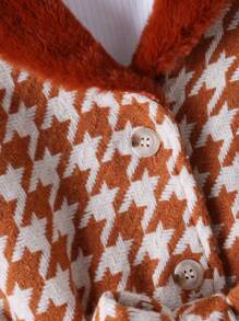 SHEIN Young Girl 1pc Houndstooth Print Borg Collar Belted Overcoat