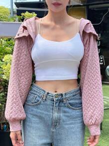 DAZY Chất rắn Mùa vụ Áo nỉ có mũ Không có áo Top Cami - Màu tím hoa cà - Xem 5