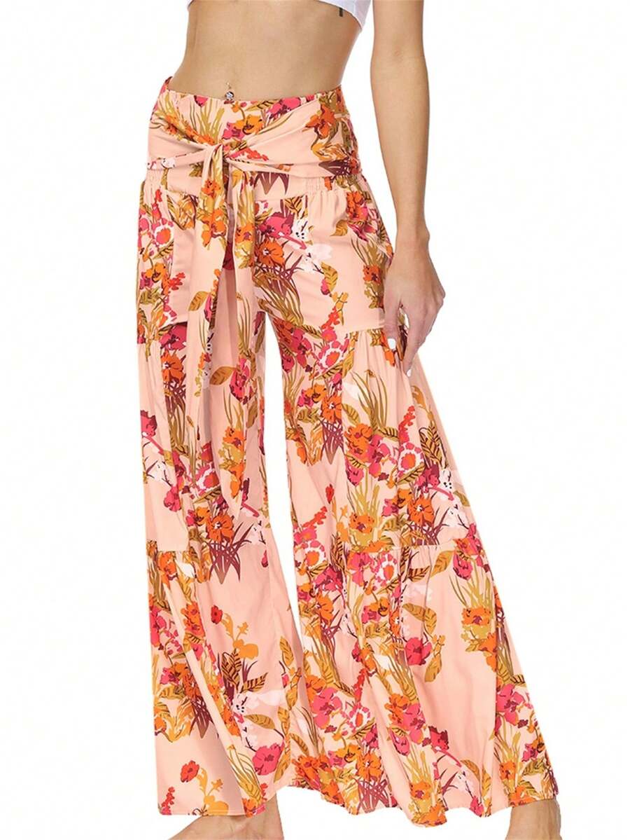 Floral Print Tie Front Wide Leg Pants - Orange - View 1