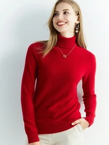 Women's 100% Merino Wool Sweater Turtleneck Fall Winter Warm Soft Knitted Vintage Sweater Long Sleeve Knitted Pullover Tops - Burgundy - View 5