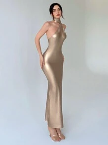 Aloruh Women'S Glossy Backless Prom Dress For Valentine'S Day, Dating And Parties - Champagne - View 5