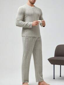 Men Button Front Tee & Pants Lounge Set - Apricot - View 6