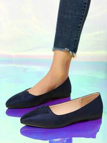 Women's Spring & Autumn Fashionable Pointed Toe Navy Blue Flat Shoes - Dusty Blue - View 7