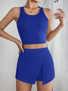 SHEIN PETITE Chất rắn Viền chia cắt Váy quần - Xanh đậm - Xem 4