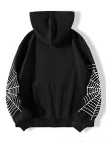 SHEIN Unity 蜘蛛網印花拉鍊保暖襯裡連帽衫 - 黑色 - 查看 2