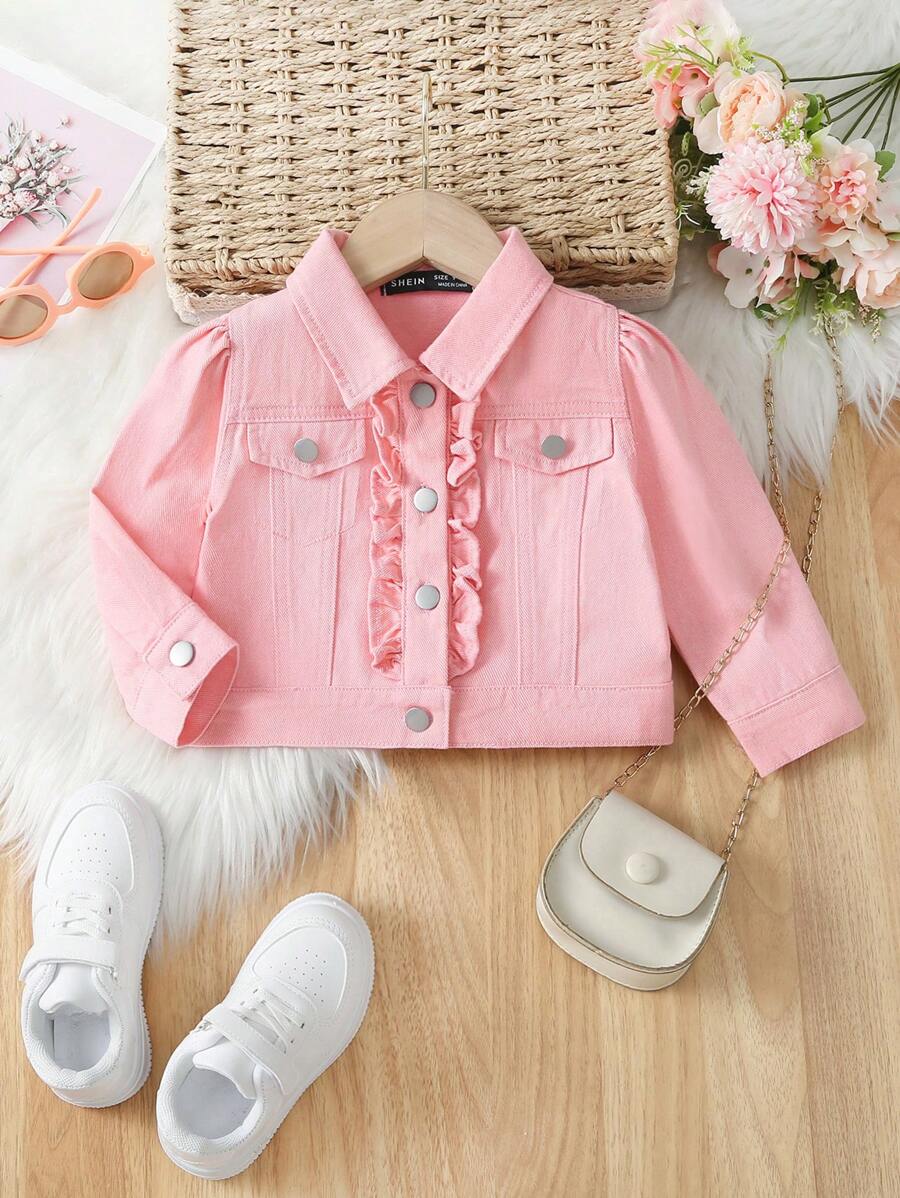 Bebé niña Cazadora mezclilla ribete con fruncido de manga farol - Rosa - Ver 1