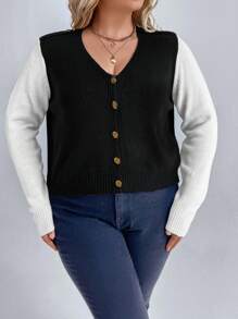 SHEIN LUNE Plus Two Tone Button Front Cardigan