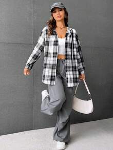 SHEIN EZwear Plaid Print Drop Shoulder Drawstring Hooded Coat - Black and White - View 4