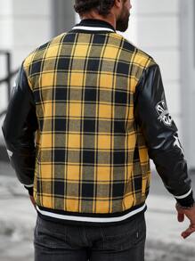 Manfinity LEGND Men Plaid & Letter Graphic Striped Trim Varsity Jacket - Yellow - View 2