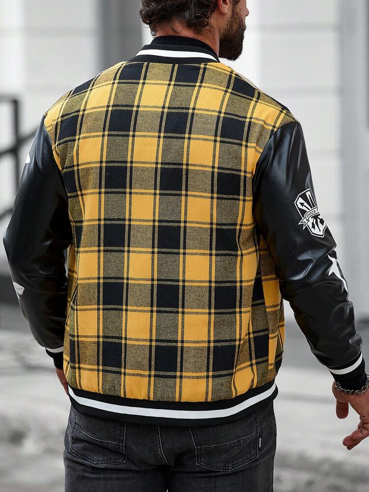 Men Plaid & Letter Graphic Striped Trim Varsity Jacket