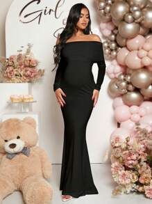 Loomaby Pregnant Women Off-Shoulder Fishtail Baby Shower Long Sleeve Dress For Maternity