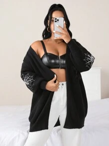 Flirla Plus Size Women's Casual Loose Mid-Length Sweater, Halloween Spider Embroidery Design, Lantern Sleeve, Solid Color Cardigan Fall Winter Cloth For Women Autumn