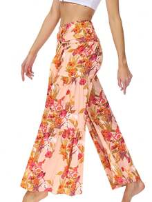 Floral Print Tie Front Wide Leg Pants - Orange - View 3