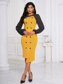 SHEIN Lady 波點圖案雙排釦不對稱下擺洋裝 - 彩色 - 查看 7