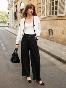 SHEIN Frenchy Nút phía trước Chi tiết xếp li Quần chân thẳng - màu đen - Xem 6