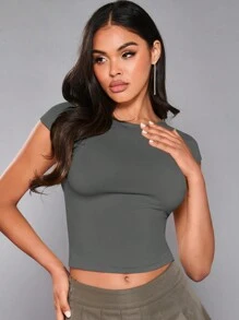 SHEIN BAE Chất rắn Tay áo mũ Áo phông Crop - Màu xám đen - Xem 5