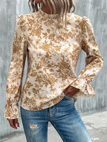 SHEIN LUNE 印花荷葉袖褶邊領襯衫 - 卡其色 - 查看 6