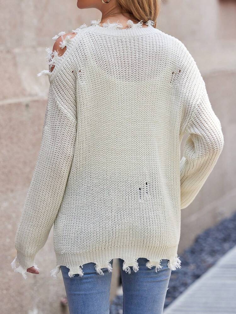 Drop Shoulder Distressed Knit Pullover Fall Winter Sweater