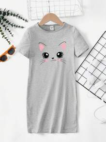 SHEIN Leap Crew Vestido Gráfico De Dibujos Animados Para Niñas Jóvenes - Gris - Ver 1