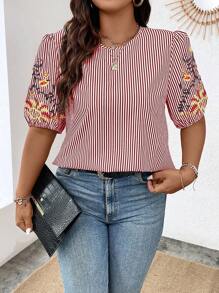 SHEIN Holidaya Plus Striped & Floral Embroidery Puff Sleeve Blouse - Red - View 4