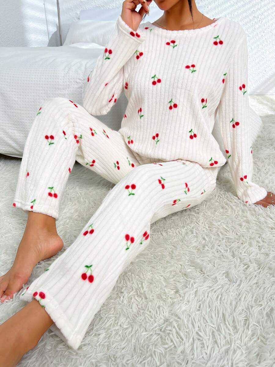 Cherry Print Tee & Pants PJ Set / Pajama Set White Set - White - View 1