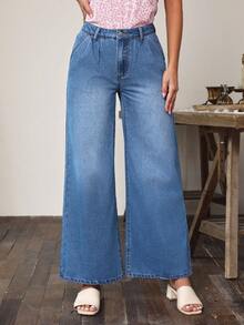 SHEIN LUNE 闊腿牛仔褲 - 中等水洗藍 - 查看 6