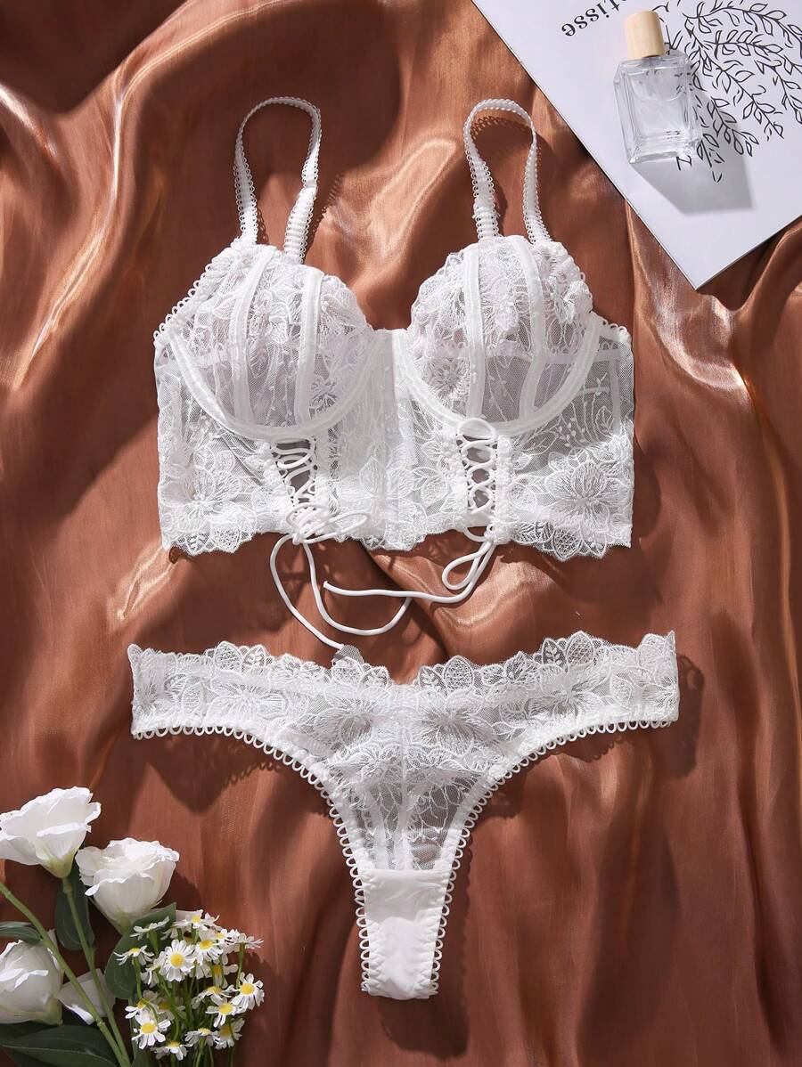 Embroidery Mesh Lace Up Lingerie Set Bridallingerie - White - View 1