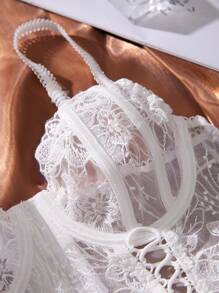 Embroidery Mesh Lace Up Lingerie Set Bridallingerie - White - View 4