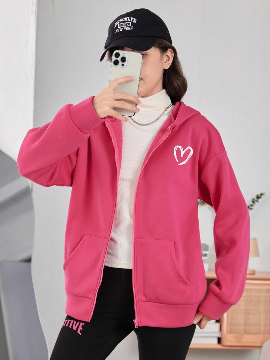 少女心形印花落肩拉链卫衣 - 玫紅色 - 查看 1