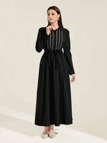 Mulvari Contrast Trim Self Belted Shirt Dress Modest Long Sleeve Dress