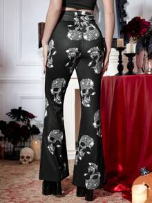 Joress PUNK Halloween Skull Print Ruched Flare Leg Pants - Black - View 2