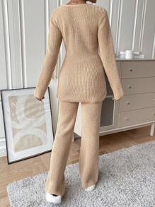 SHEIN LUNE Surplice Neck Sweater & Knit Pants - Apricot - View 2