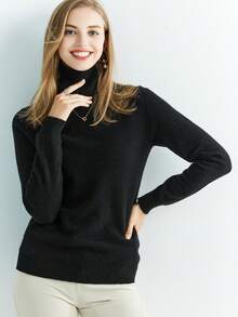 Women's 100% Merino Wool Sweater Turtleneck Fall Winter Warm Soft Knitted Vintage Sweater Long Sleeve Knitted Pullover Tops - Black - View 4