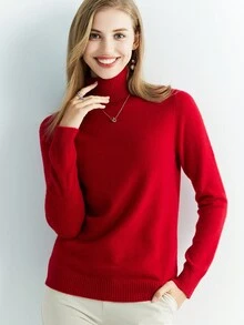 Women's 100% Merino Wool Sweater Turtleneck Fall Winter Warm Soft Knitted Vintage Sweater Long Sleeve Knitted Pullover Tops - Burgundy - View 3