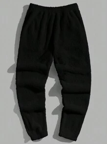 GENTILAND Men Letter Embroidery Teddy Pants - Black - View 2